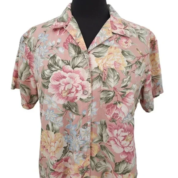 VTG 90s Lizwear Pink Floral Pearl Snap Shirt Size M Short Sleeves Cotton Yellow - Picture 3 of 8